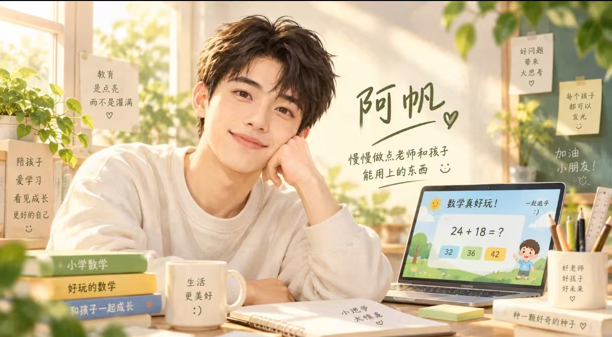阿帆在阳光洒入的书桌前，身边是书本、绿植与数学课件